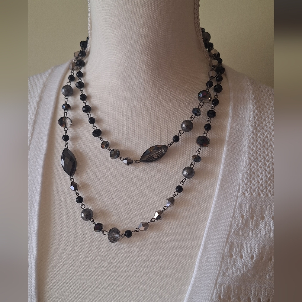 Long Glass, Acrylic 41" Fashion Necklace Faceted Crystal Beads Black Gray Silver
